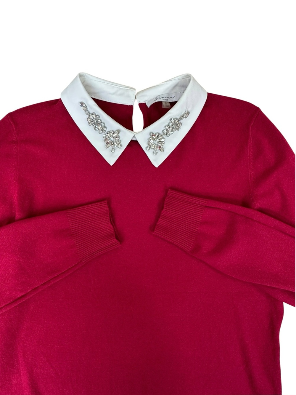 Siani Milano Red Burgundy Rhinestone Embellished White Collar Sweater L Preppy